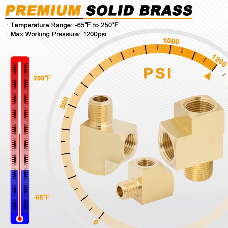 KOOTANS 4 Pack Brass Tee Fittings 1/4" NPT Female to 1/4" NPT Female to 1/4" NPT Male Barstock Street Tee Fittings 3 Way Brass Pipe Fitting - Image 4
